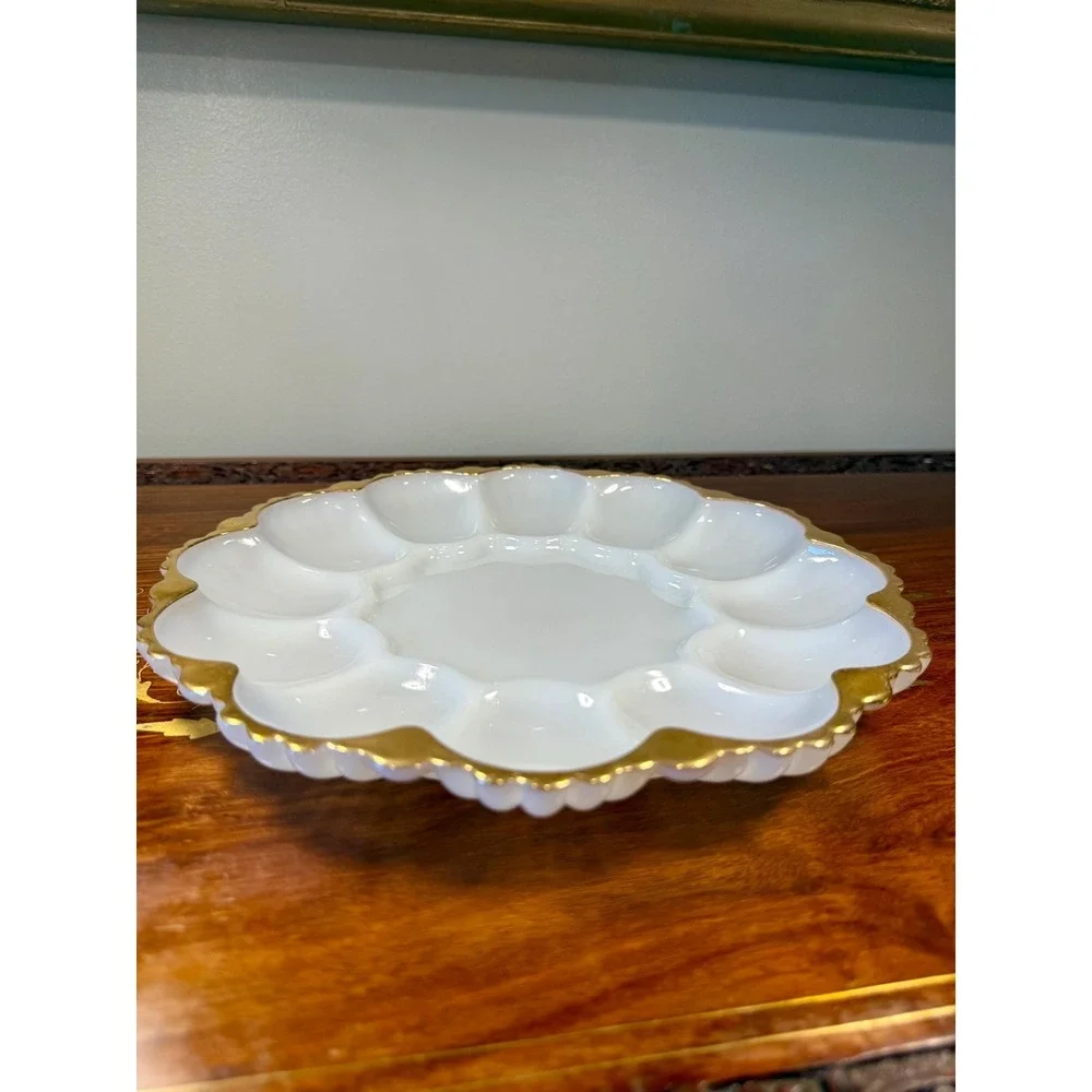 Vintage Milk Glass‎ Deviled Egg Platter • Scalloped Gold Trim Serving Tray